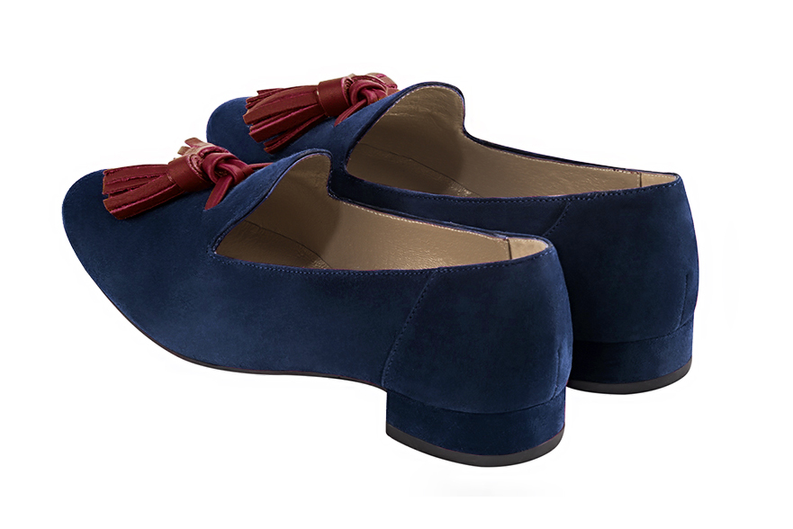 Navy blue and burgundy red women's loafers with pompons. Round toe. Flat leather soles. Rear view - Florence KOOIJMAN